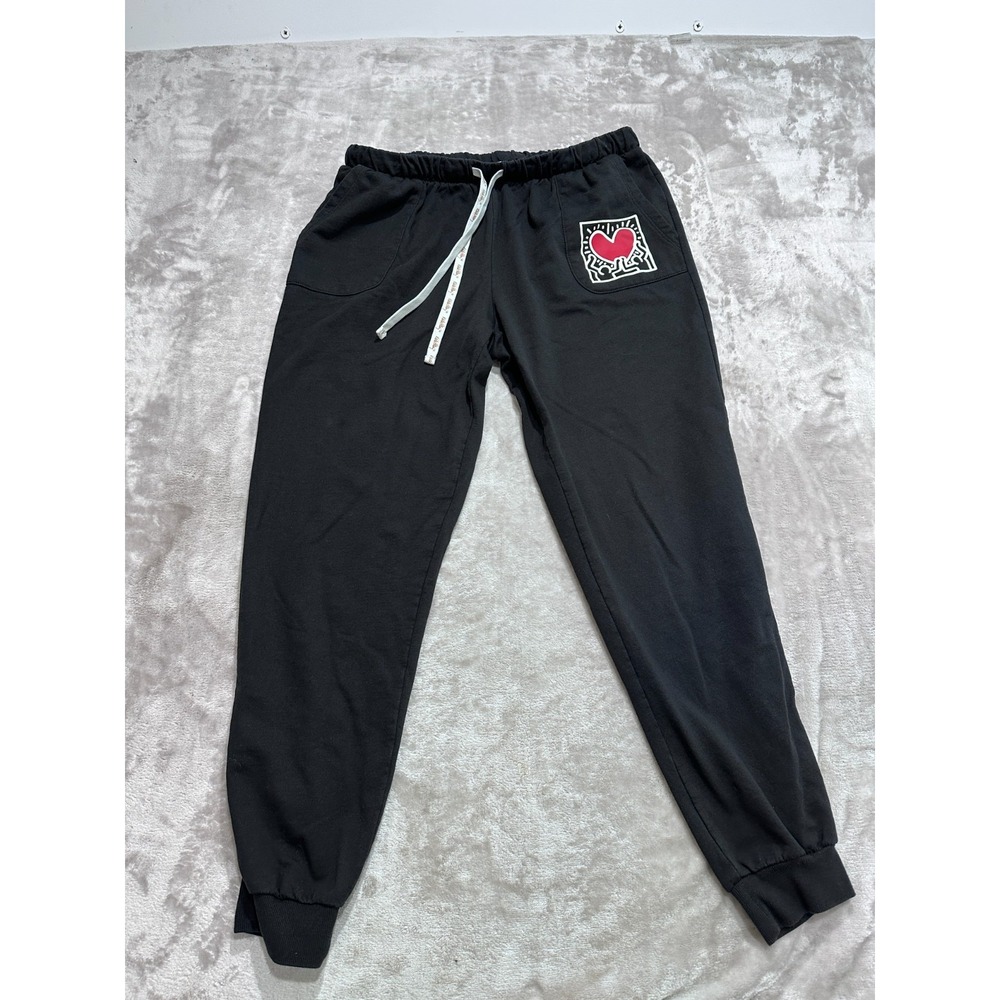 Keith Haring Women's Fleece Jogger Sweatpants Black Red Heart Size M EUC Pop Art